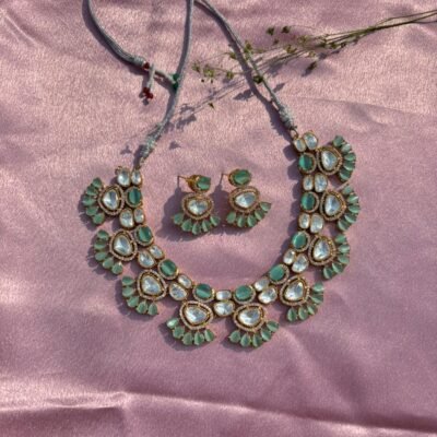 Kundan Choker Necklace Set In Mint Green Colors For Women
