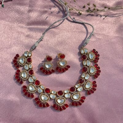 Kundan Choker Necklace Set In Red Colors For Women