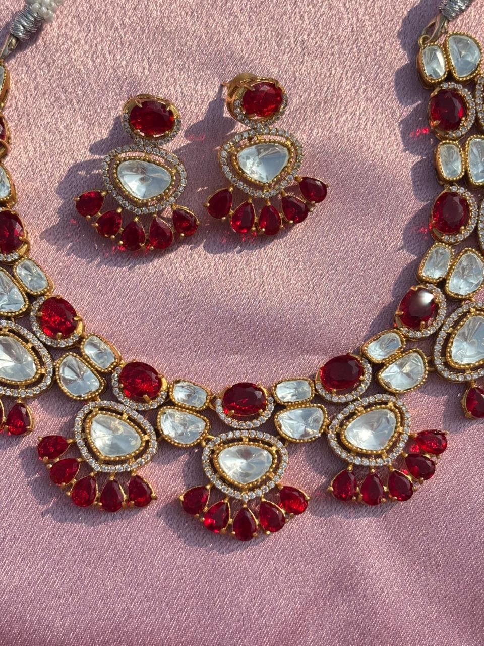 Kundan Choker Necklace Set In Red Colors For Women - Image 2