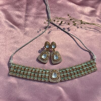 American Diamond Mint Green Choker Necklace Set For Women