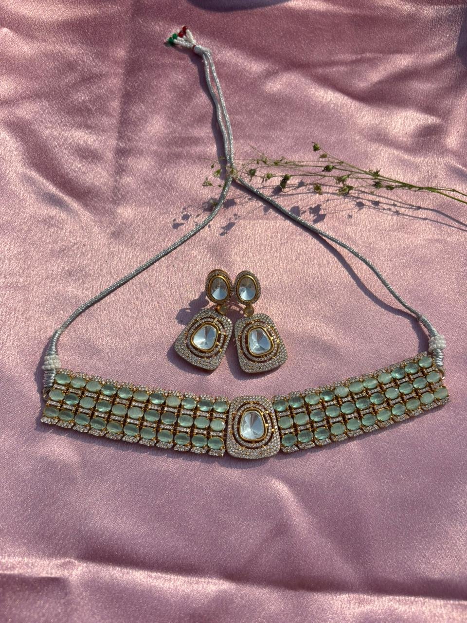 American Diamond Mint Green Choker Necklace Set For Women