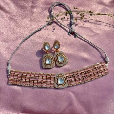 American Diamond Pink Choker Necklace Set For Women