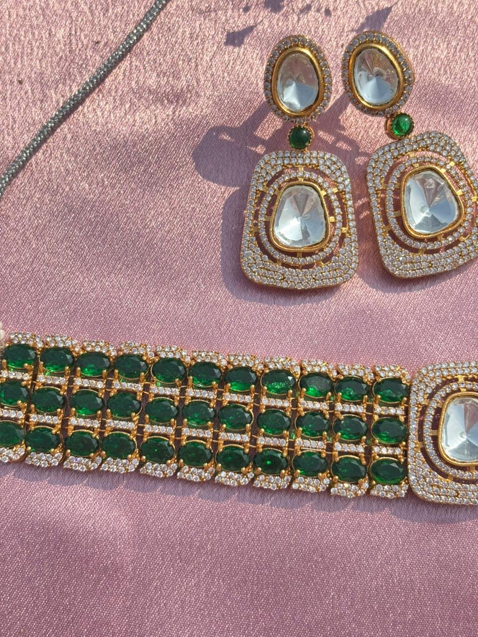 American Diamond Green Choker Necklace Set For Women - Image 3