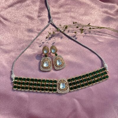 American Diamond Green Choker Necklace Set For Women