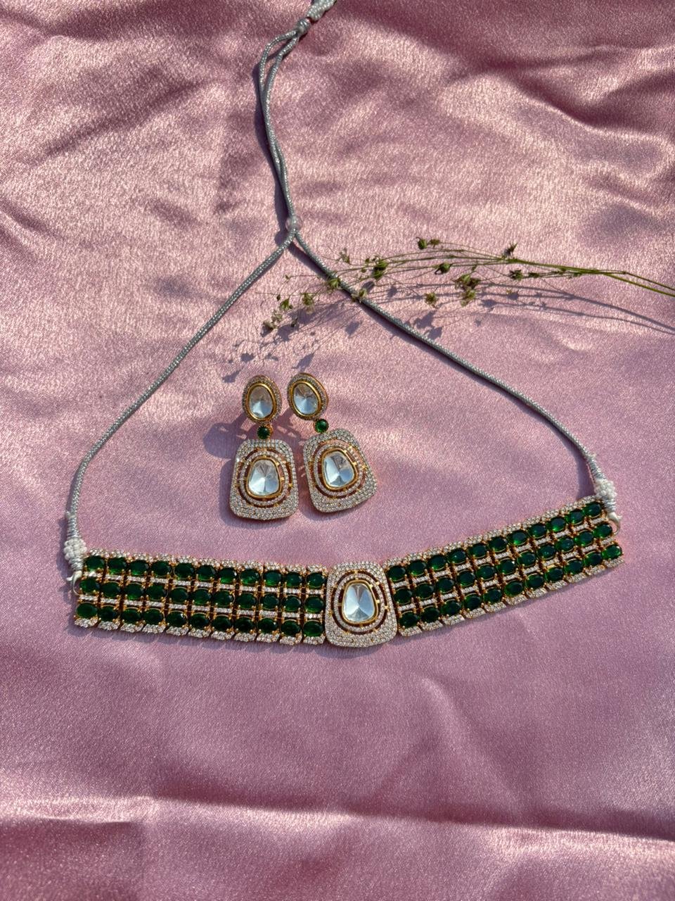American Diamond Green Choker Necklace Set For Women