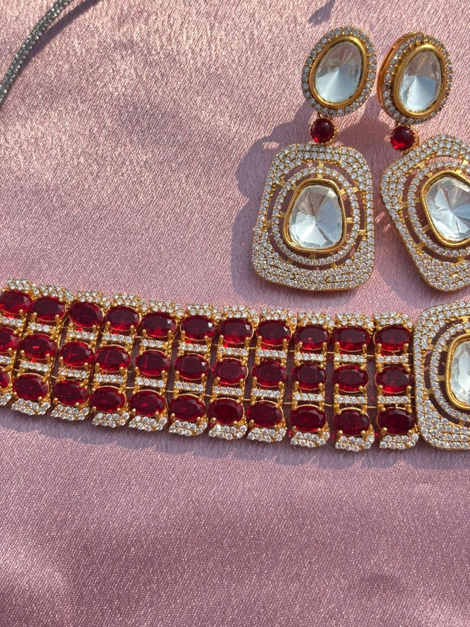 American Diamond Red Choker Necklace Set For Women - Image 3