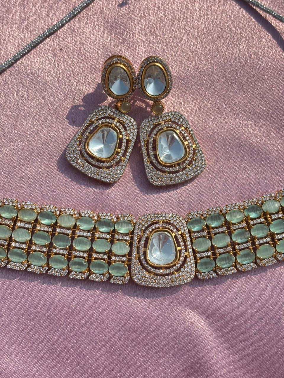 American Diamond Mint Green Choker Necklace Set For Women - Image 2