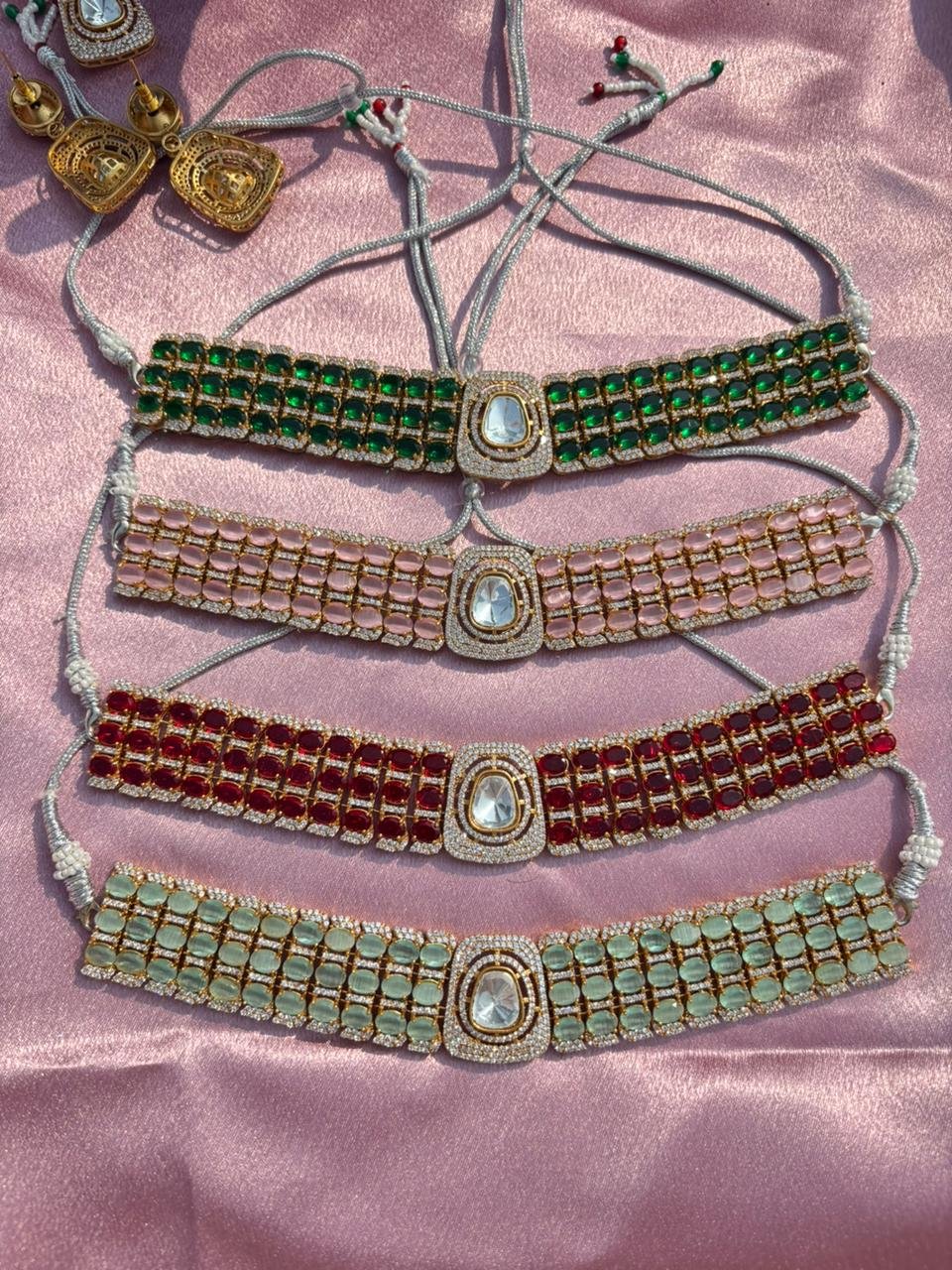 American Diamond Green Choker Necklace Set For Women - Image 5