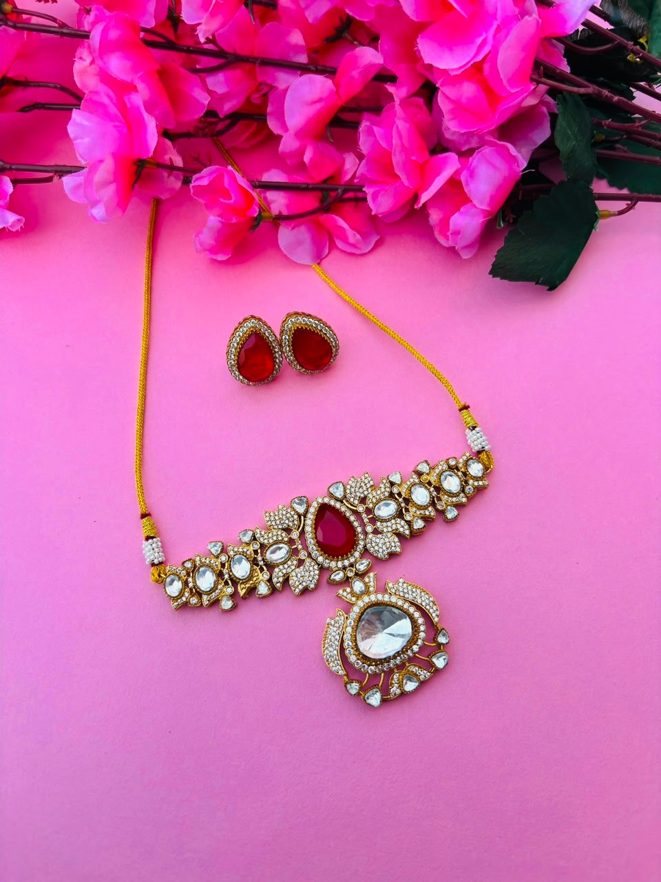 Ruby Red Stone Leaf Necklace Set - Image 2
