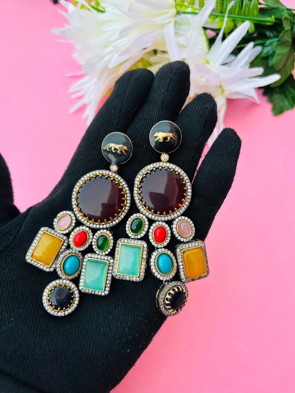 Victorian Lion Enamel Statement Earrings – Multicolor Stone - Image 3