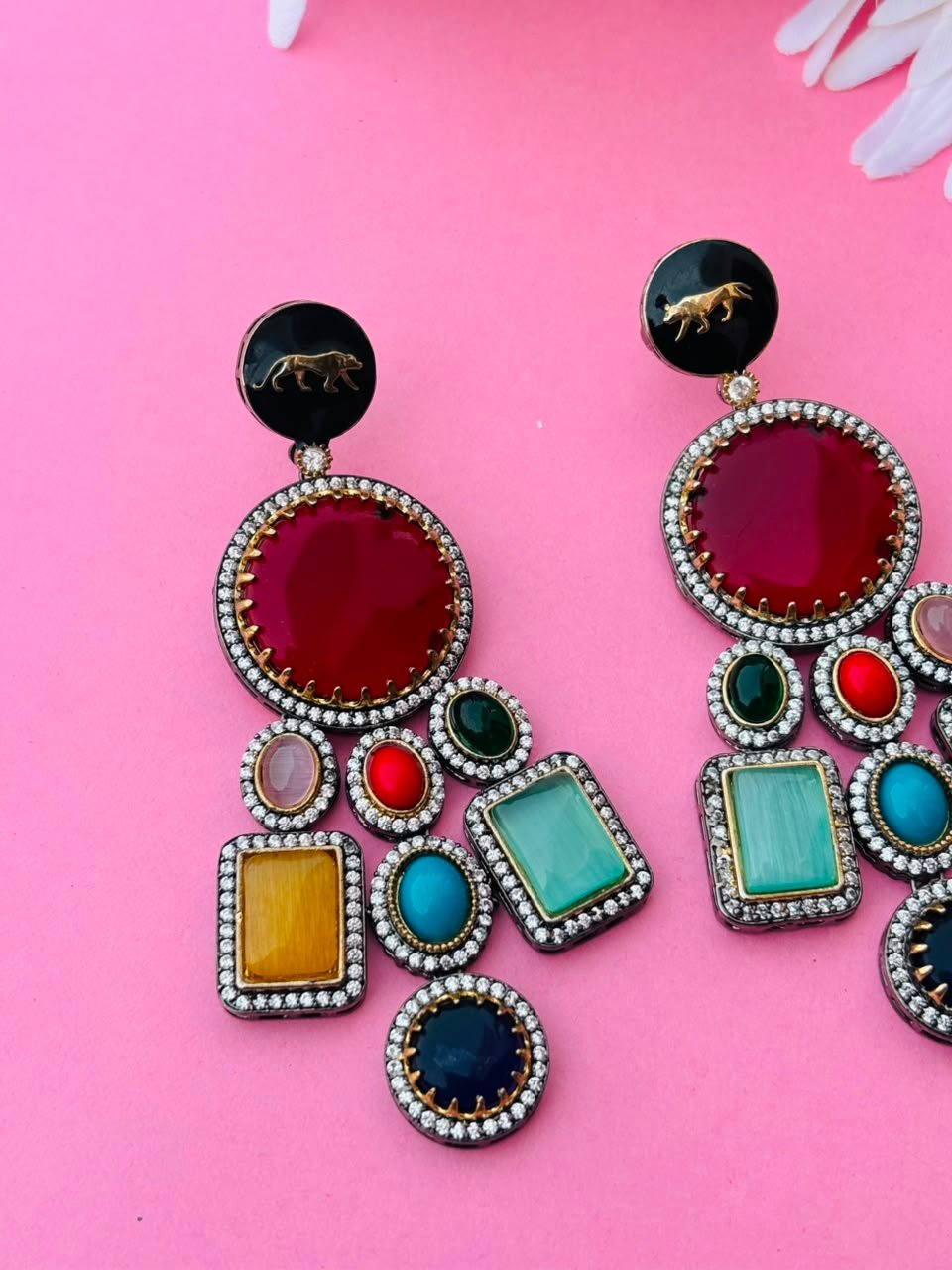 Victorian Lion Enamel Statement Earrings – Multicolor Stone - Image 4