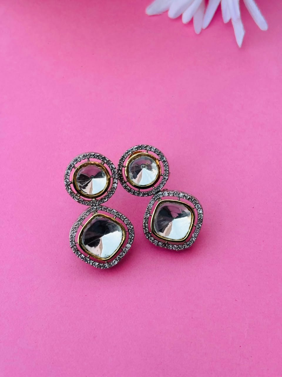 Polki Double Stone Stud Earrings - Image 4