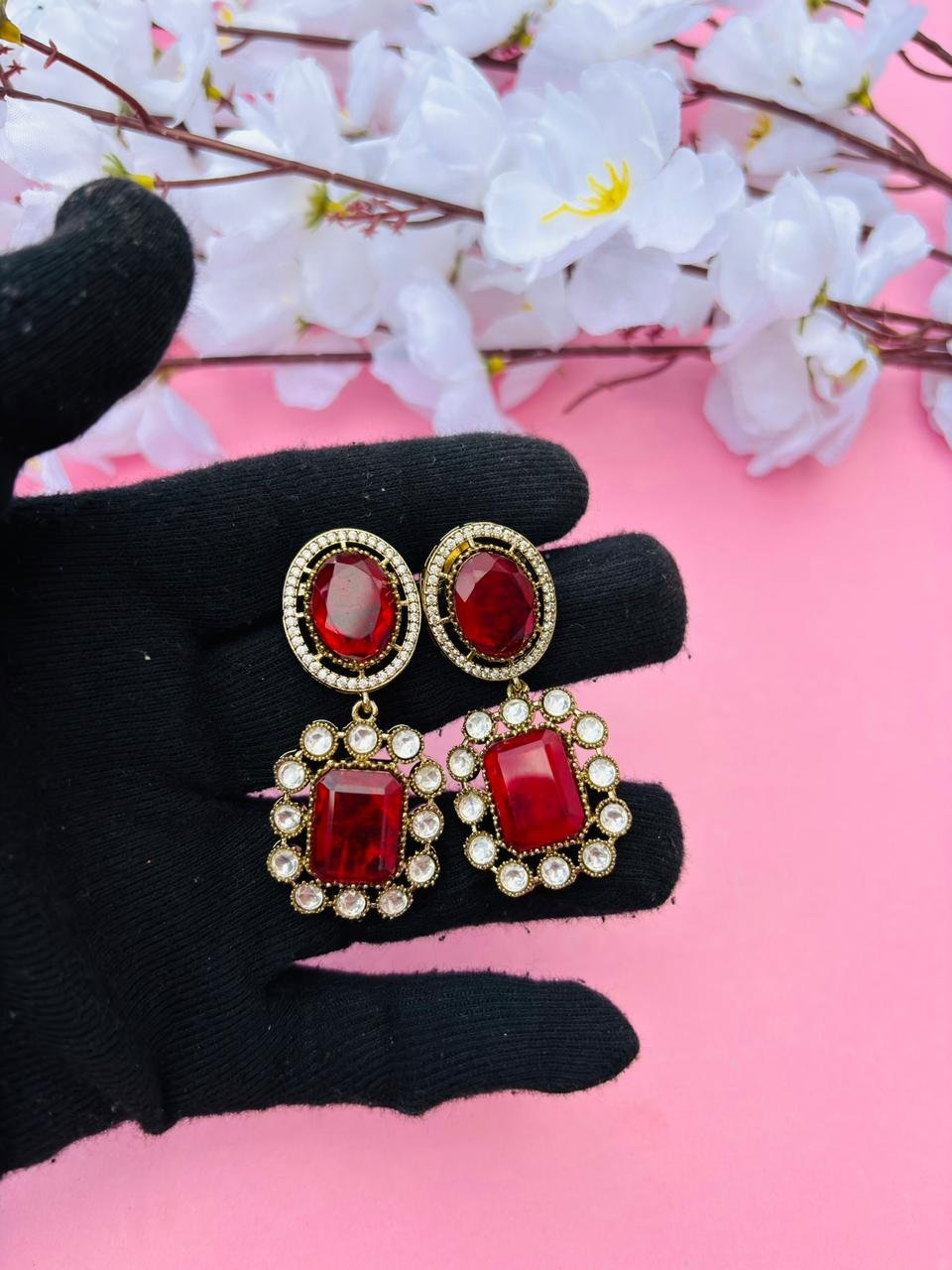Gold Plated Rectangle Stone Drop Earrings - Image 3