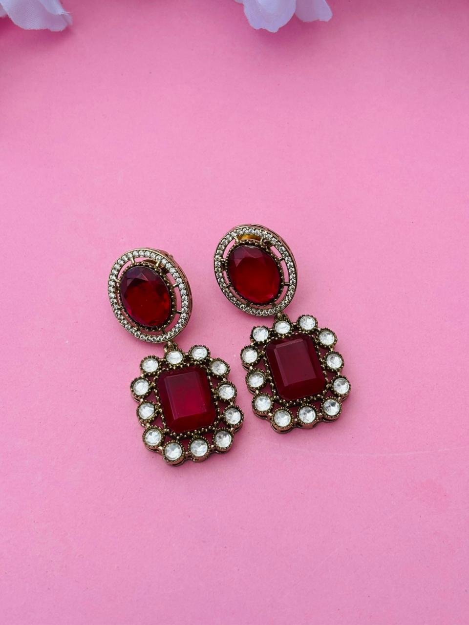 Gold Plated Rectangle Stone Drop Earrings - Image 4