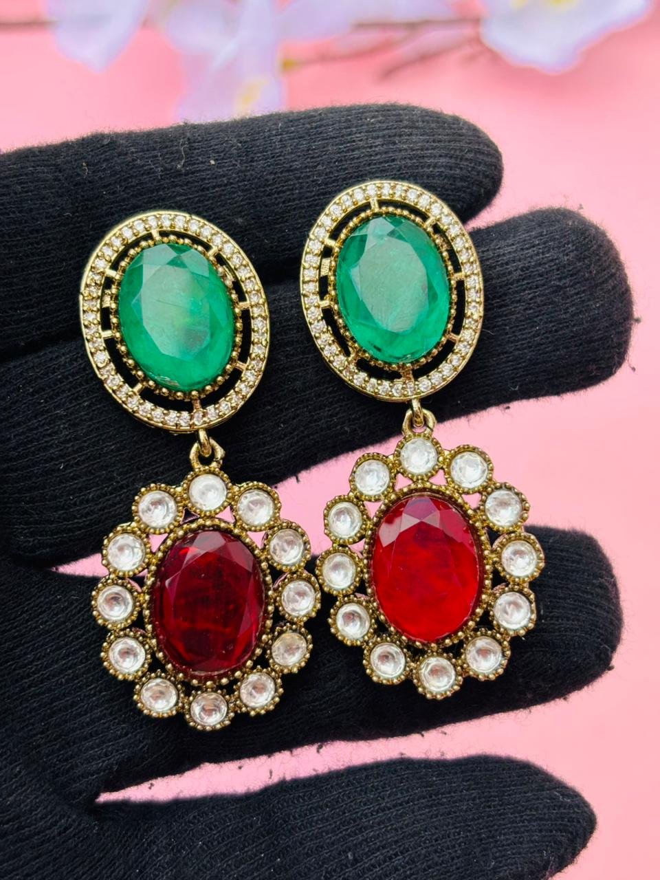 Gold Plated Oval Stone Drop Earrings - Image 5