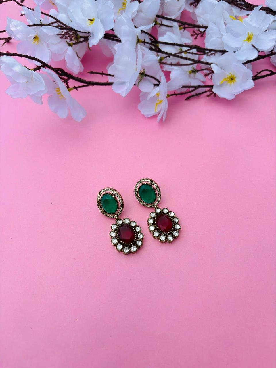 Gold Plated Oval Stone Drop Earrings - Image 2