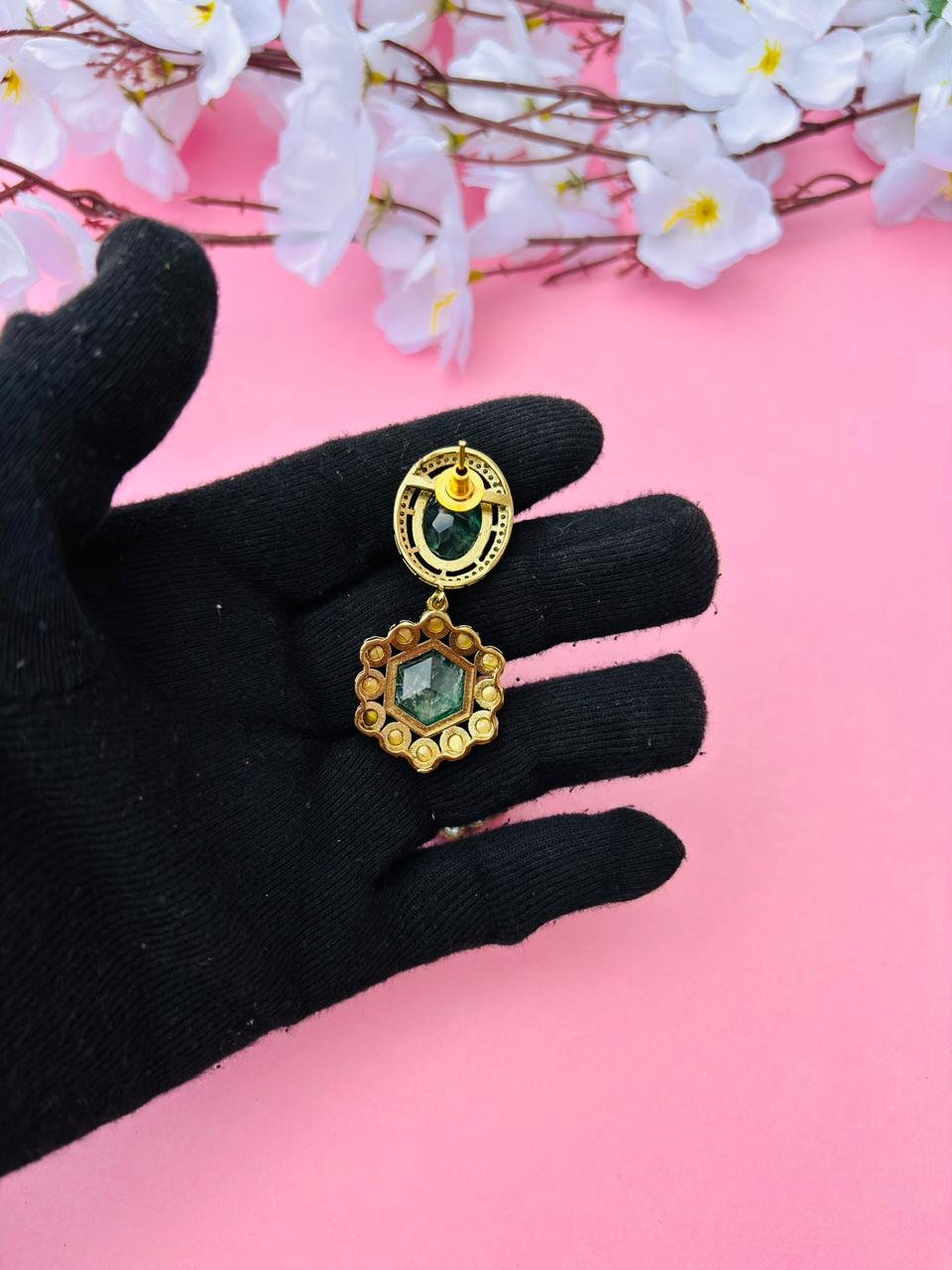 Gold Plated Hexagon Stone Drop Earrings - Image 6