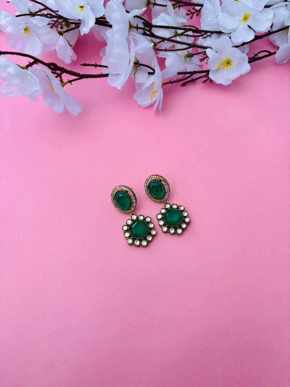 Gold Plated Hexagon Stone Drop Earrings - Image 2