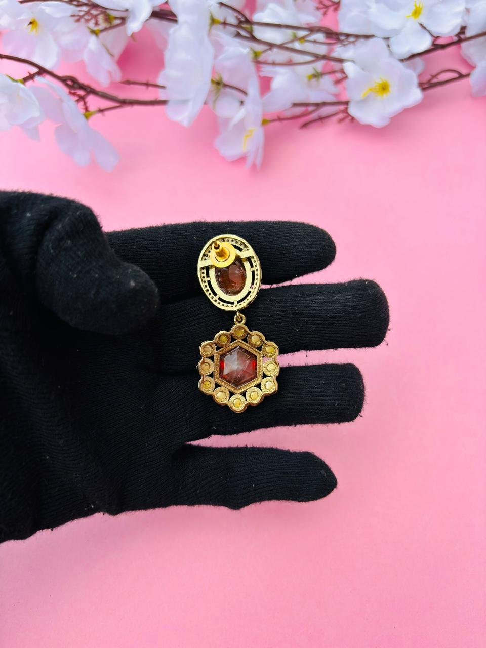 Gold Plated Hexagon Stone Drop Earrings - Image 6