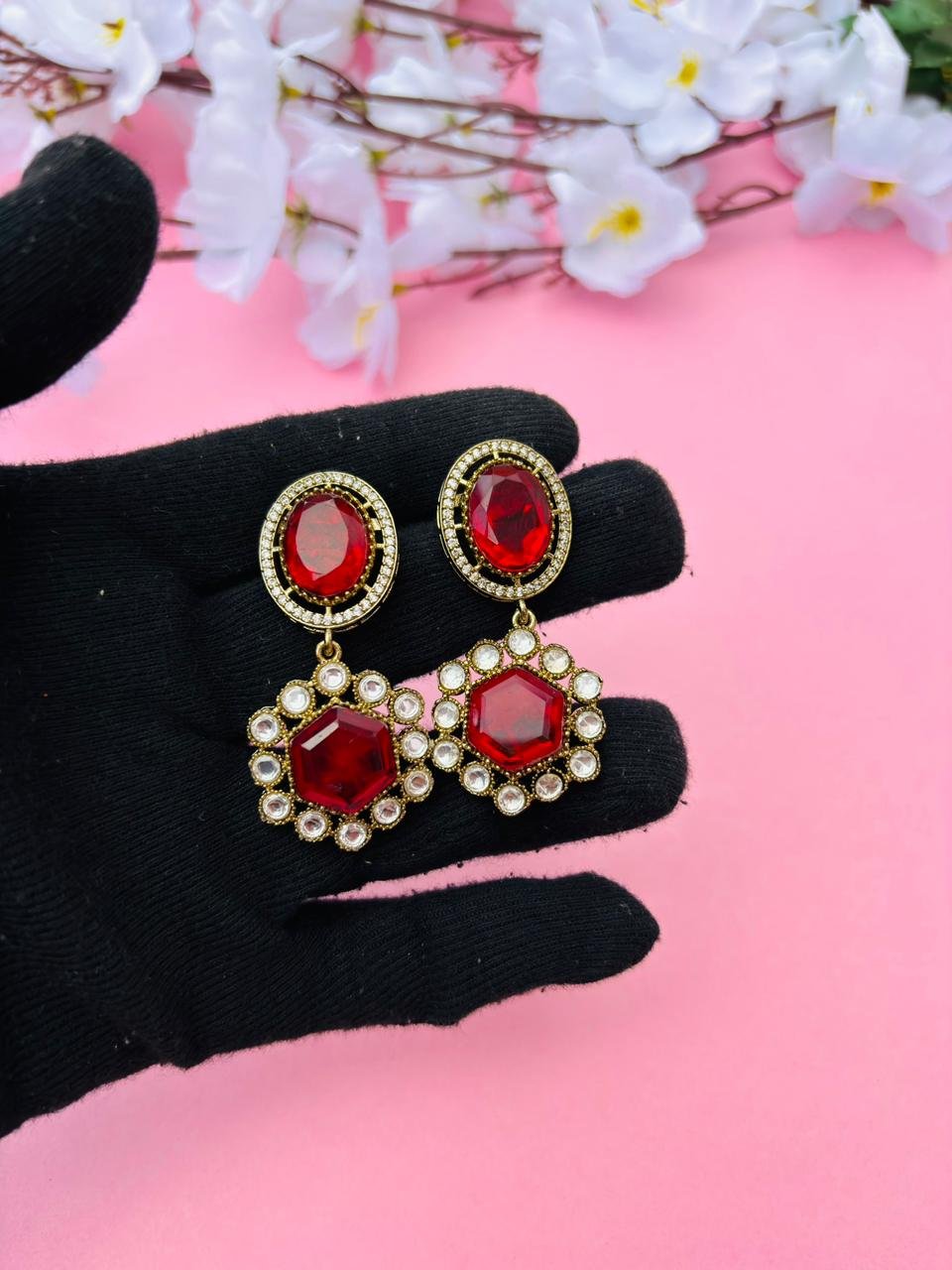 Gold Plated Hexagon Stone Drop Earrings - Image 3