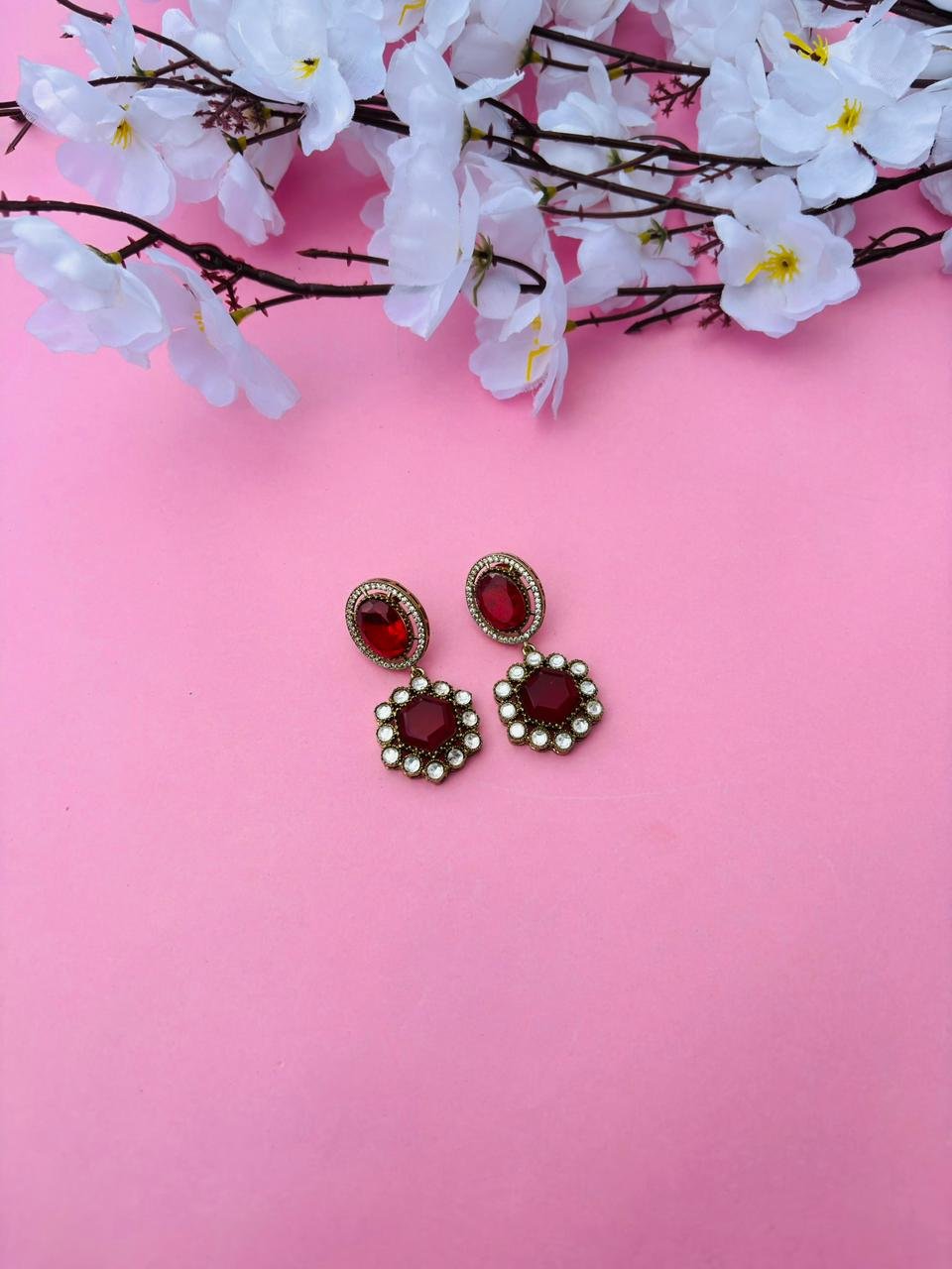Gold Plated Hexagon Stone Drop Earrings - Image 2