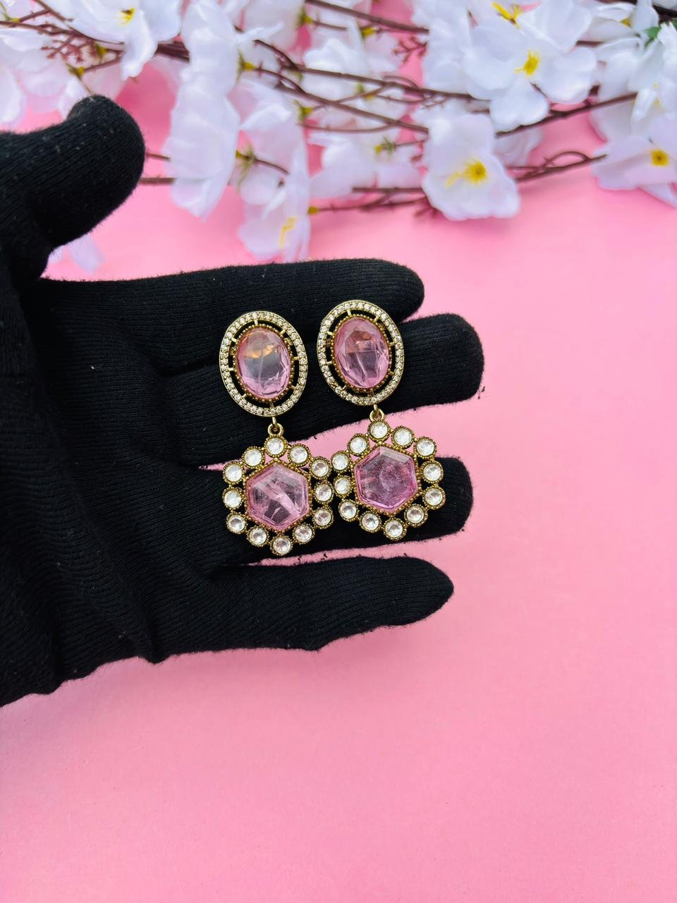 Gold Plated Hexagon Stone Drop Earrings - Image 3