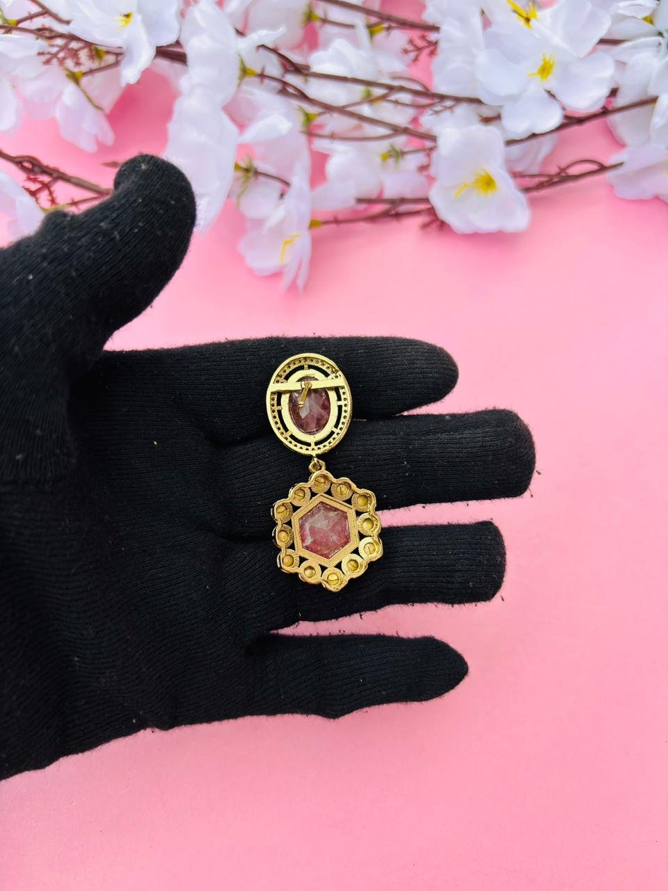 Gold Plated Hexagon Stone Drop Earrings - Image 6