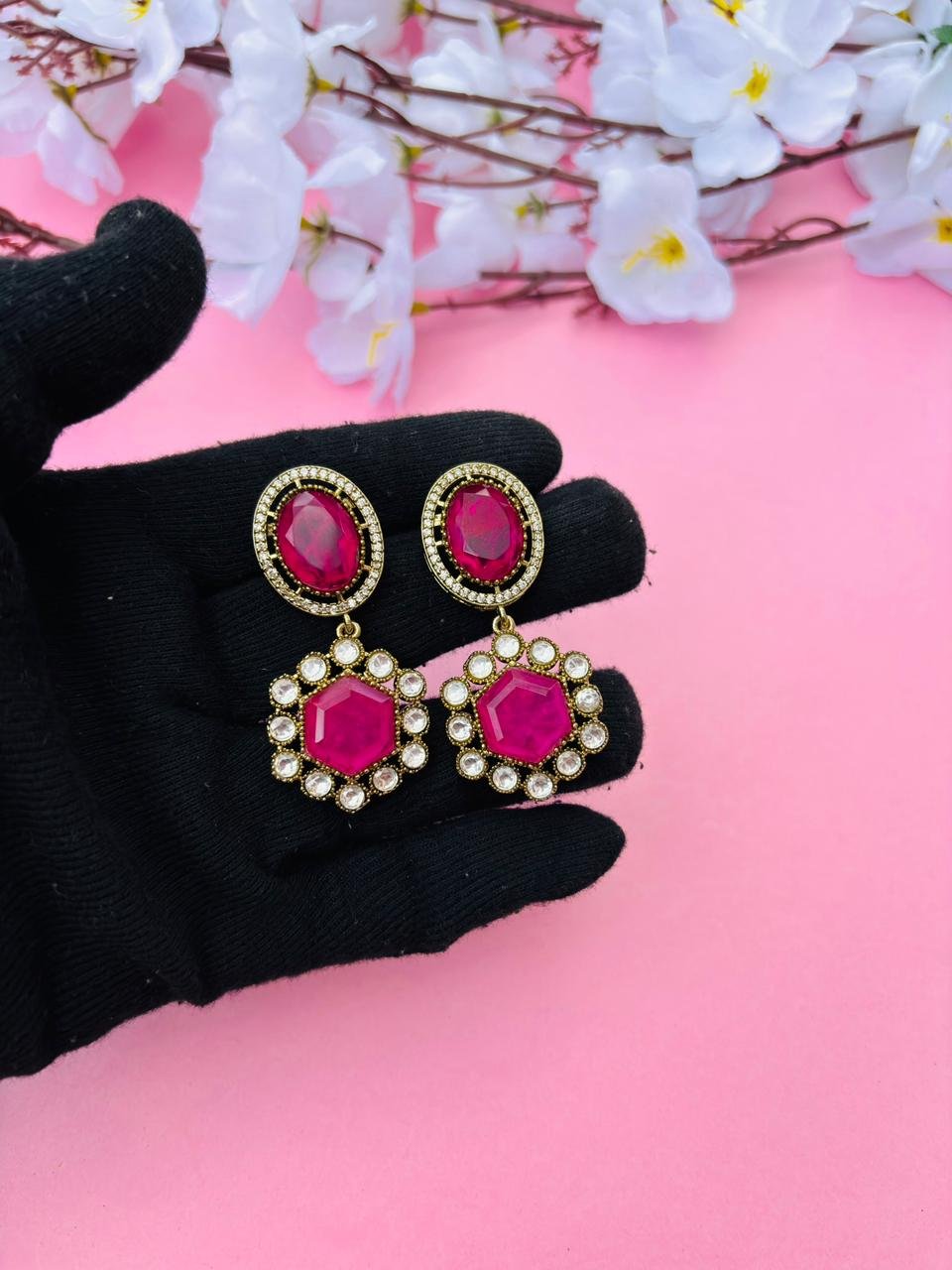 Gold Plated Hexagon Stone Drop Earrings - Image 3