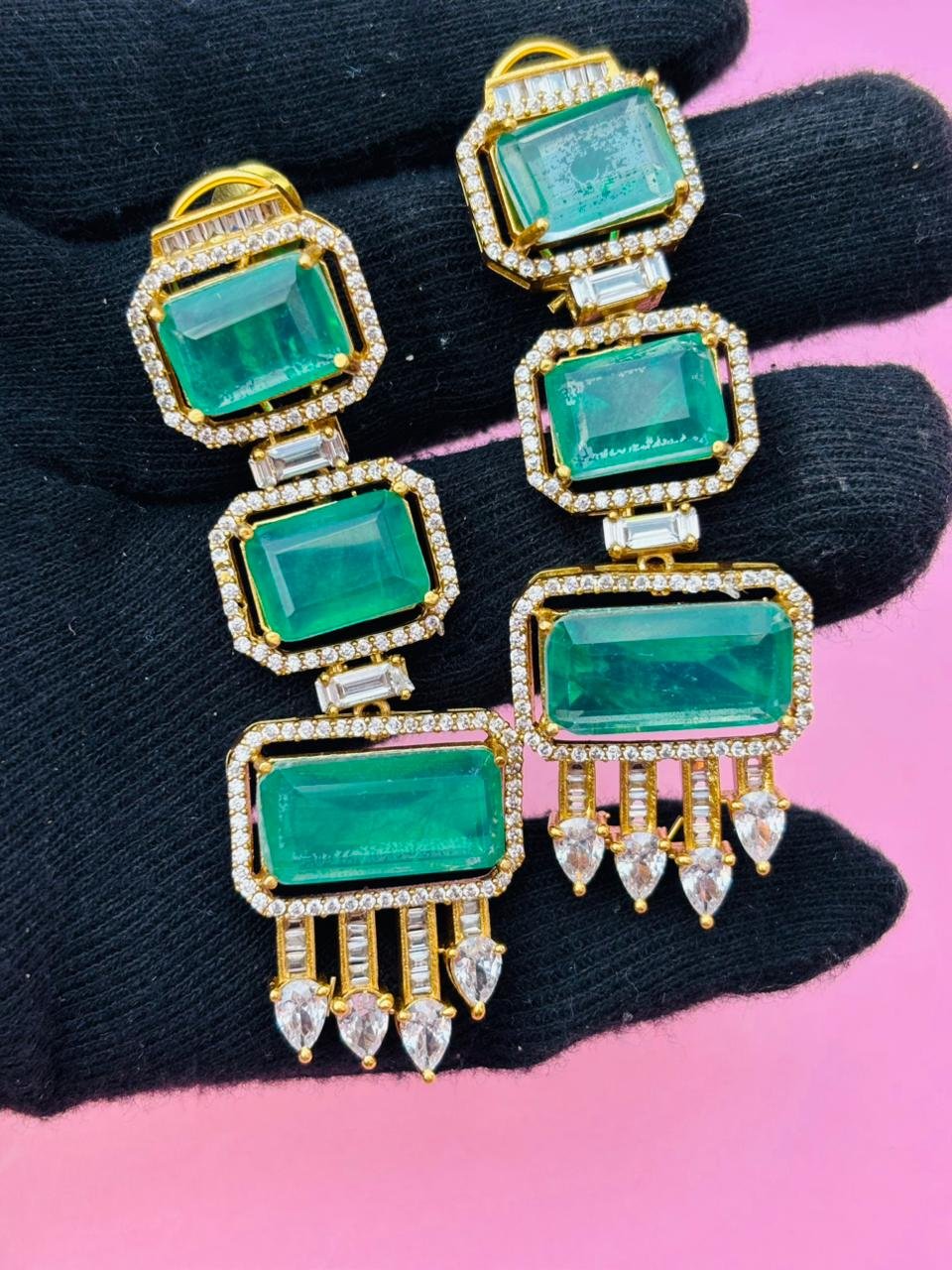 Gold Plated Emerald Cut Long Drop Earrings with CZ Studs - Image 5