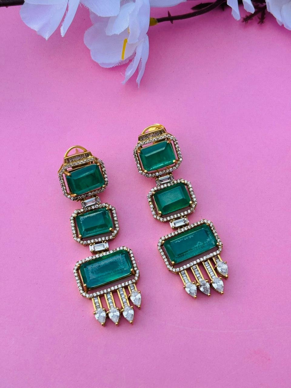 Gold Plated Emerald Cut Long Drop Earrings with CZ Studs - Image 4
