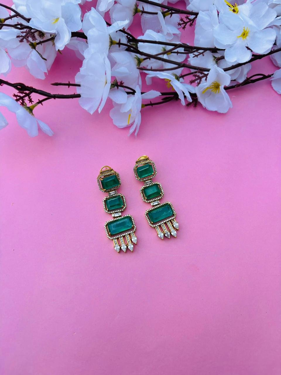 Gold Plated Emerald Cut Long Drop Earrings with CZ Studs - Image 2