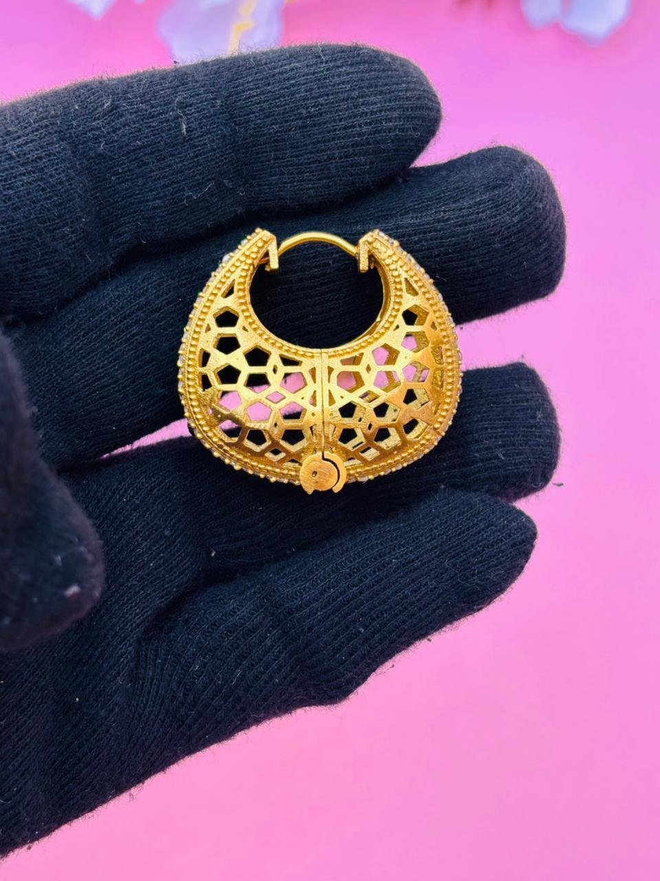 Gold Plated Studded Jaali Hoop Earrings - Image 11