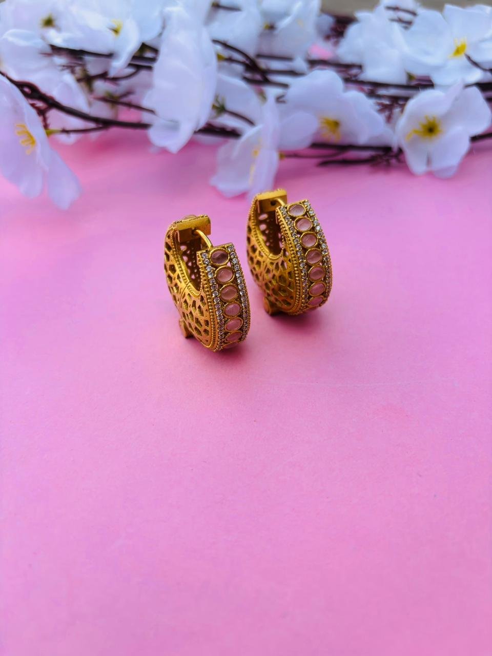 Gold Plated Studded Jaali Hoop Earrings - Image 2