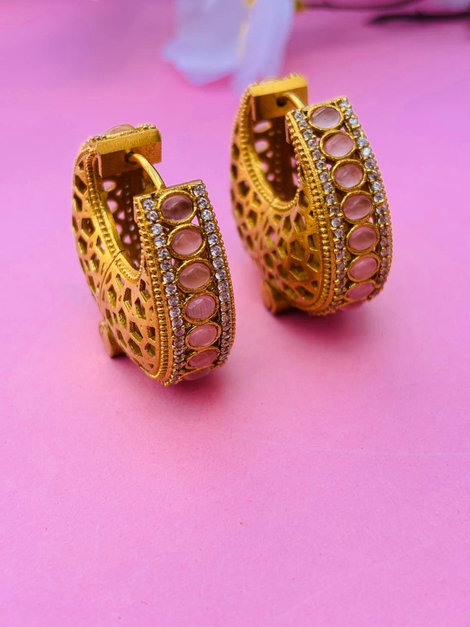 Gold Plated Studded Jaali Hoop Earrings - Image 3