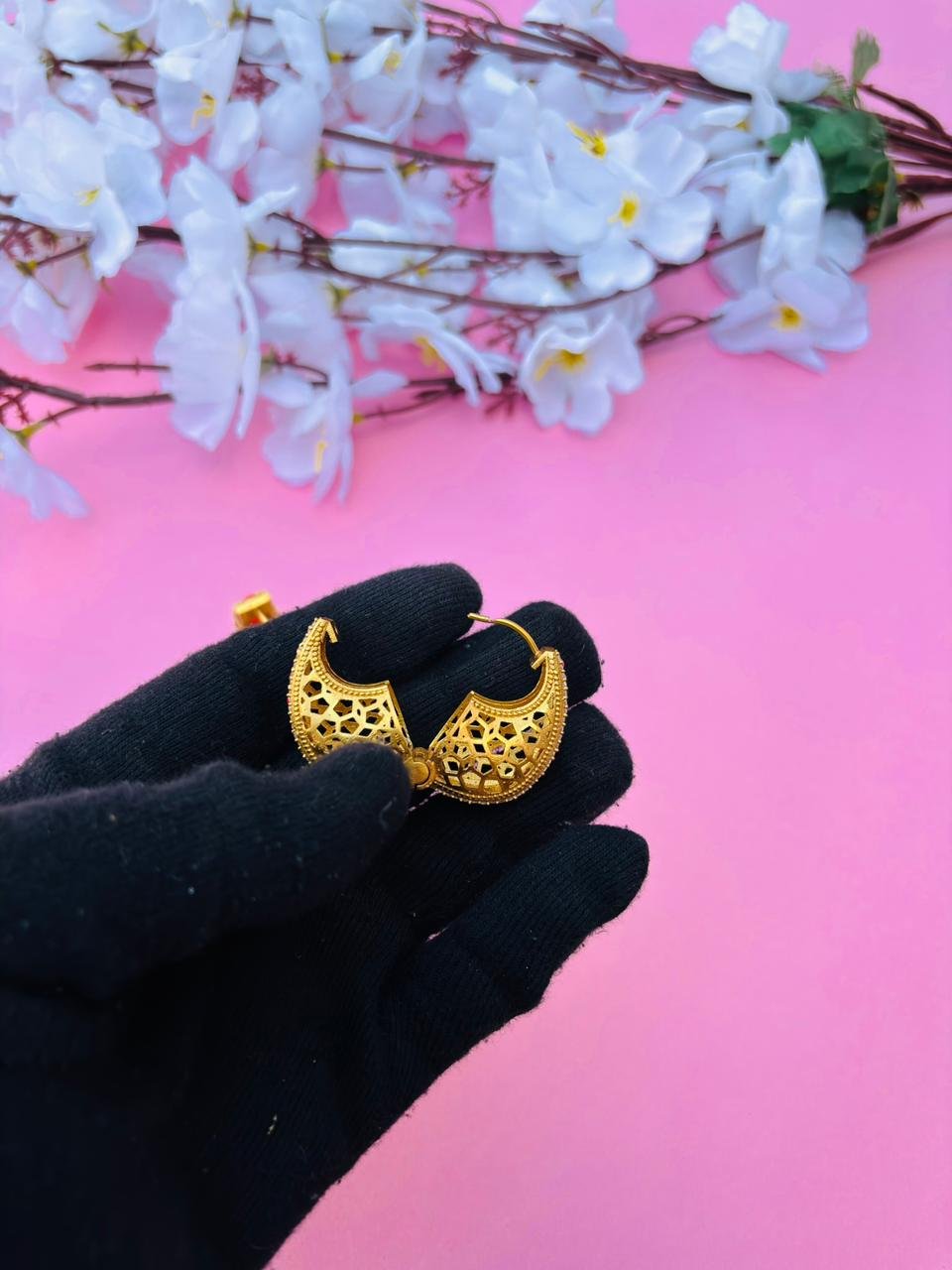 Gold Plated Studded Jaali Hoop Earrings - Image 9