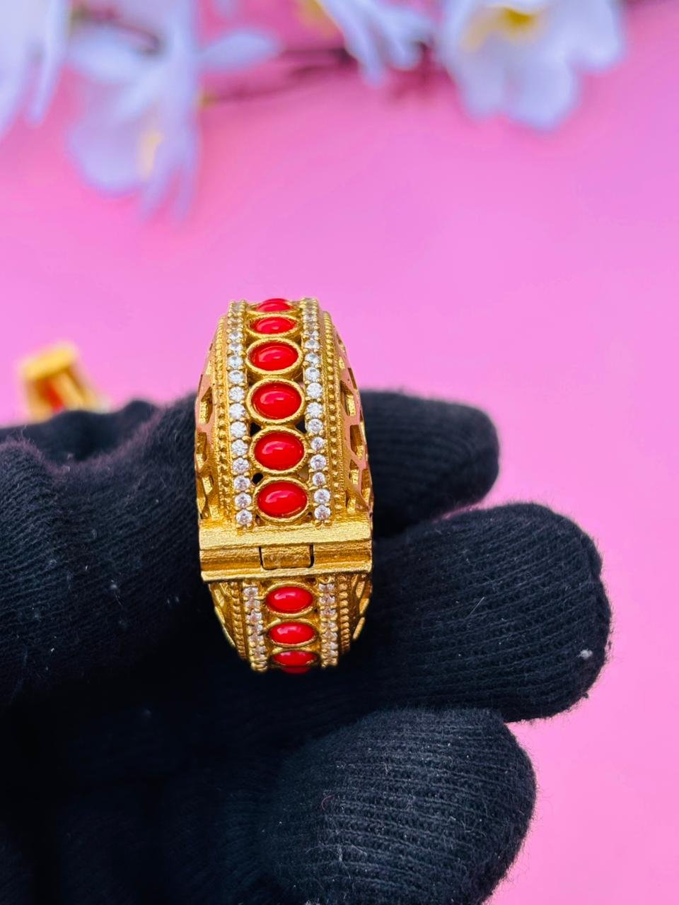 Gold Plated Studded Jaali Hoop Earrings - Image 6