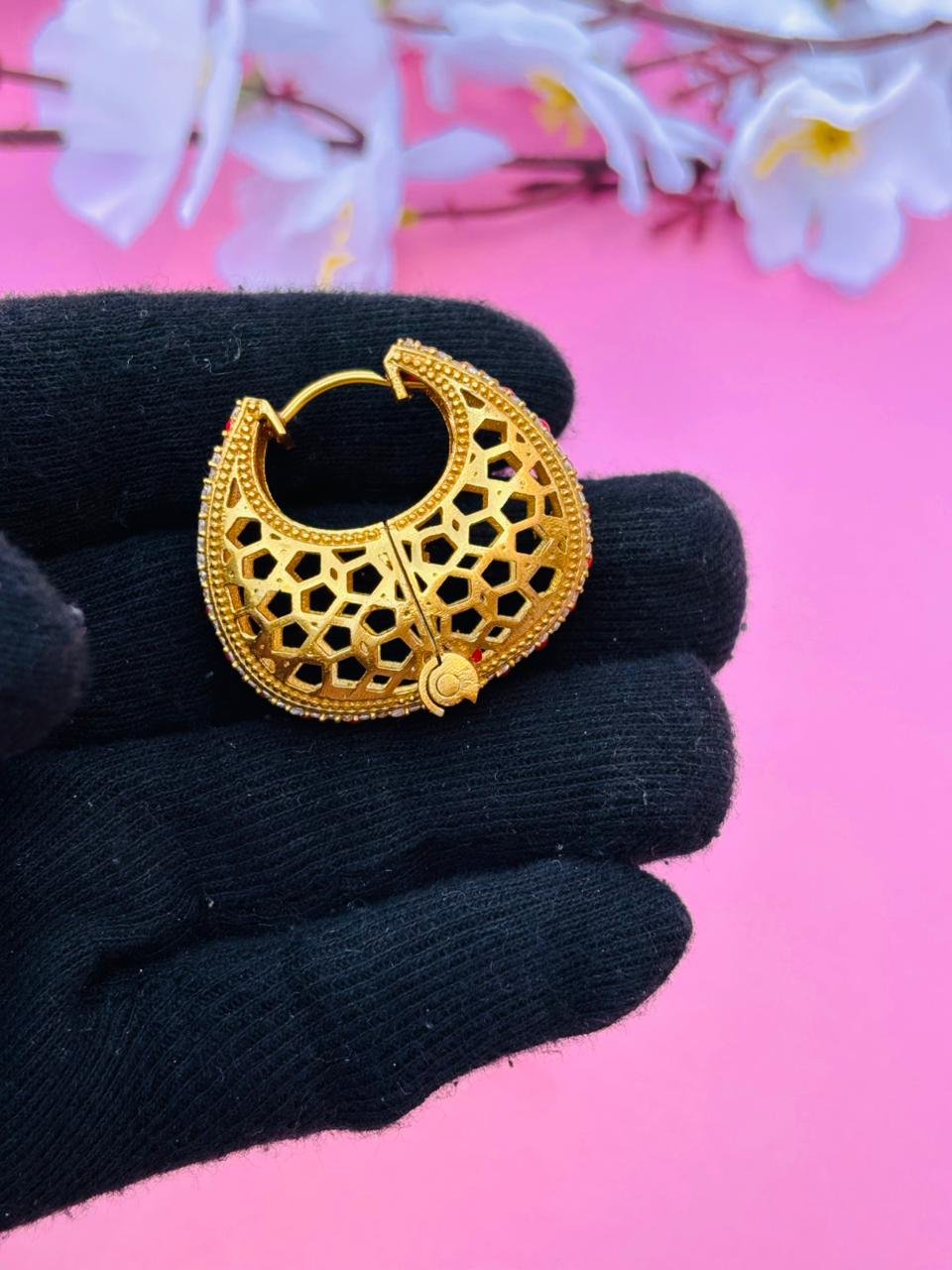 Gold Plated Studded Jaali Hoop Earrings - Image 10