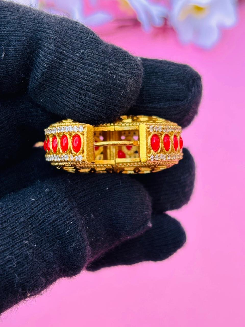 Gold Plated Studded Jaali Hoop Earrings - Image 5