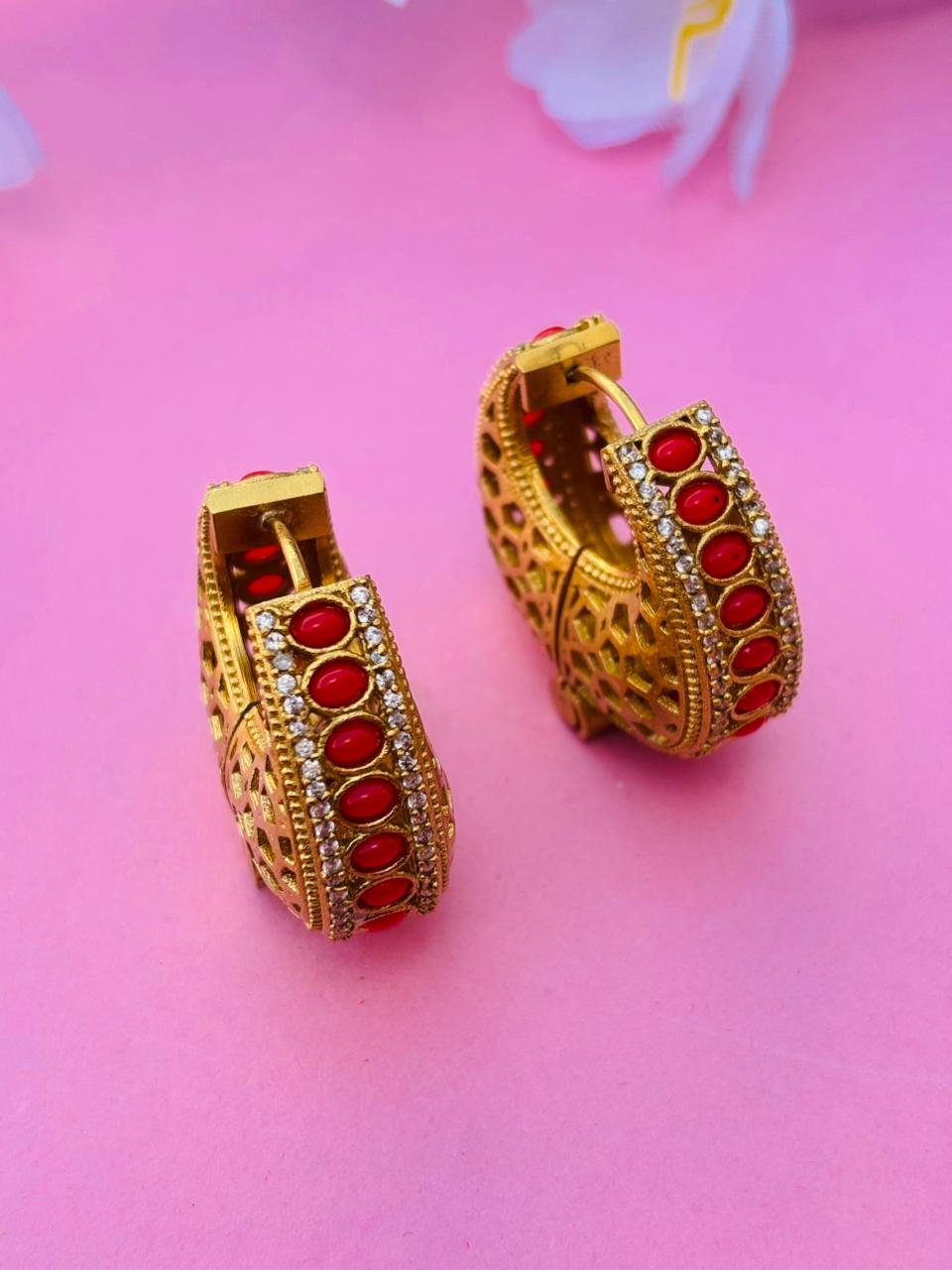 Gold Plated Studded Jaali Hoop Earrings - Image 3