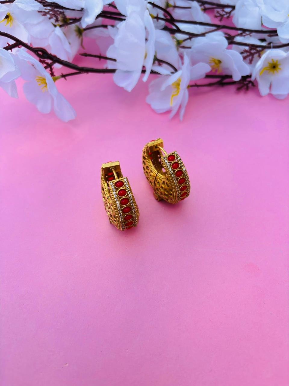 Gold Plated Studded Jaali Hoop Earrings - Image 2