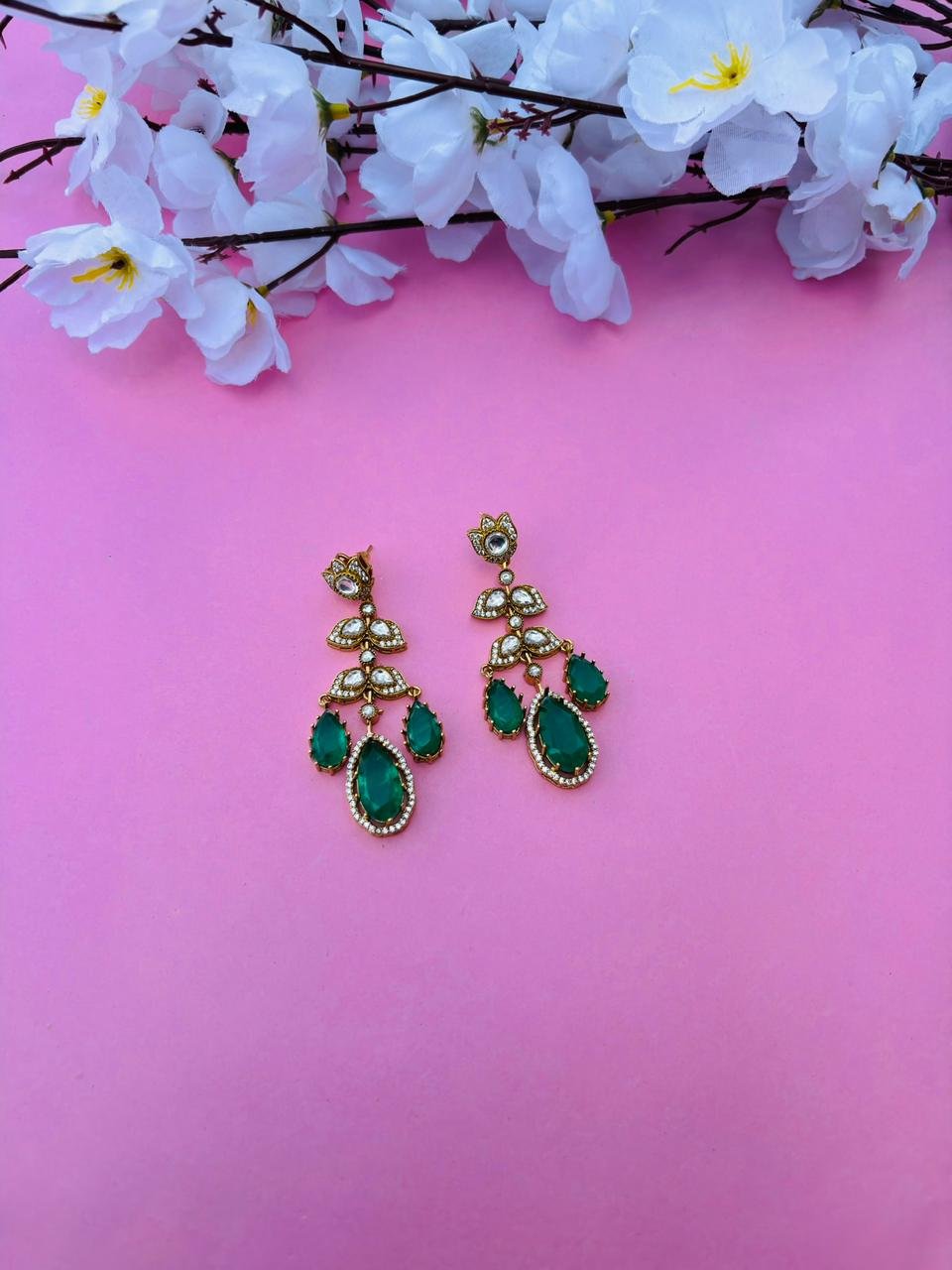 Gold Plated Kundan Floral Pear Drop Earrings - Image 2