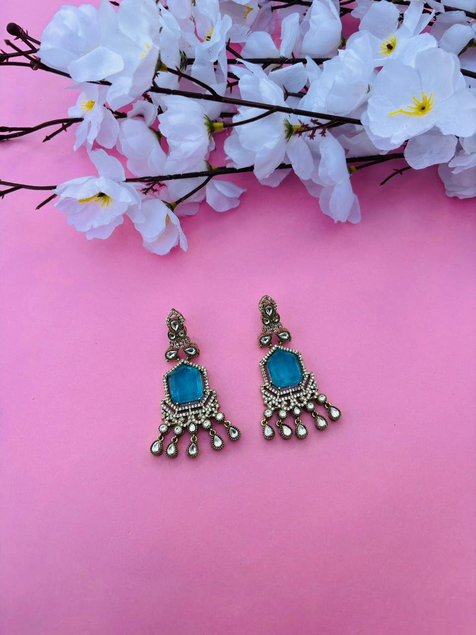 Gold Plated Blue Stone Chandelier Earrings for Women, Wedding Wear - Image 2