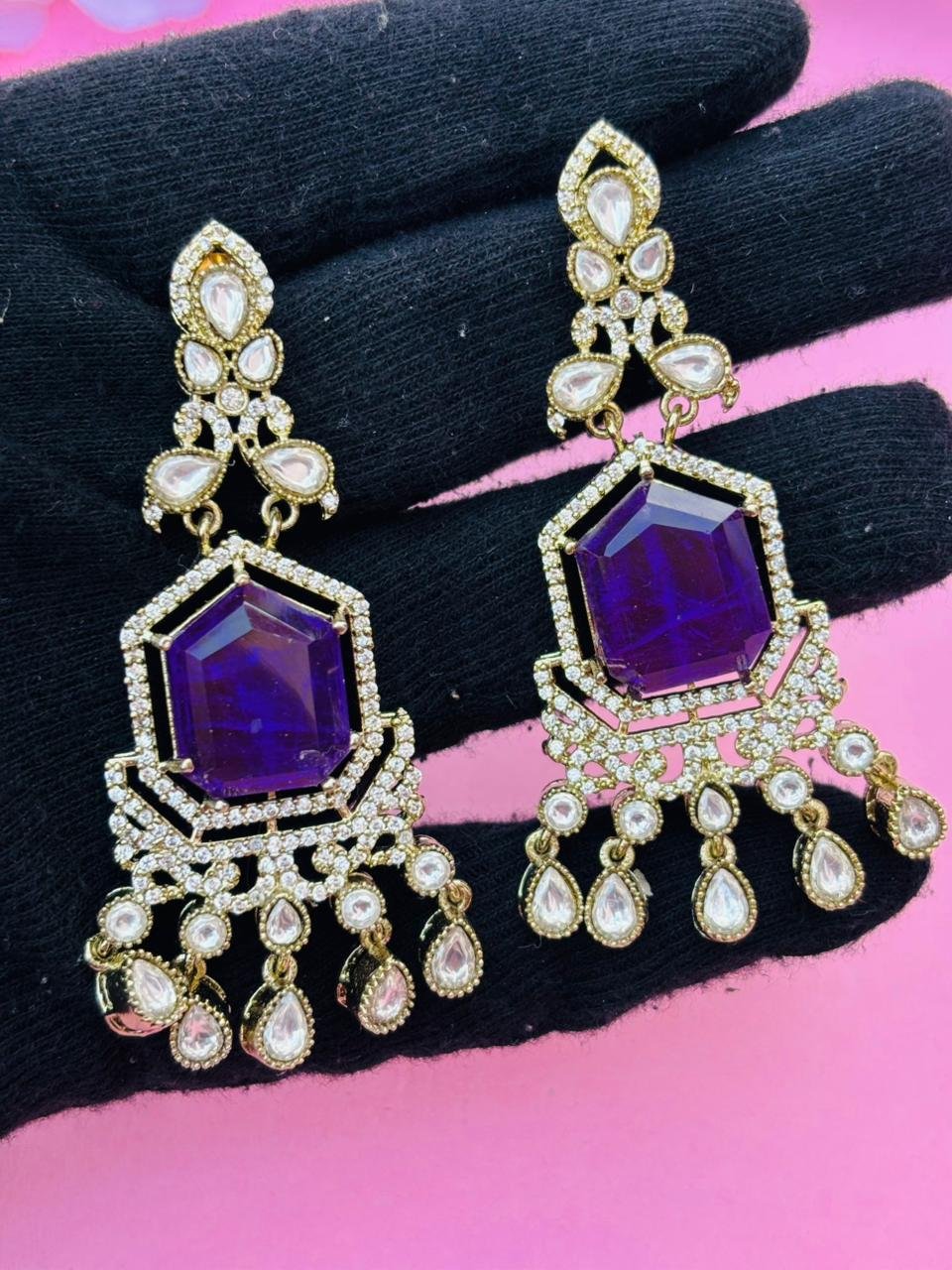 Gold Plated Purple Stone Chandelier Earrings for Women, Wedding Wear - Image 5