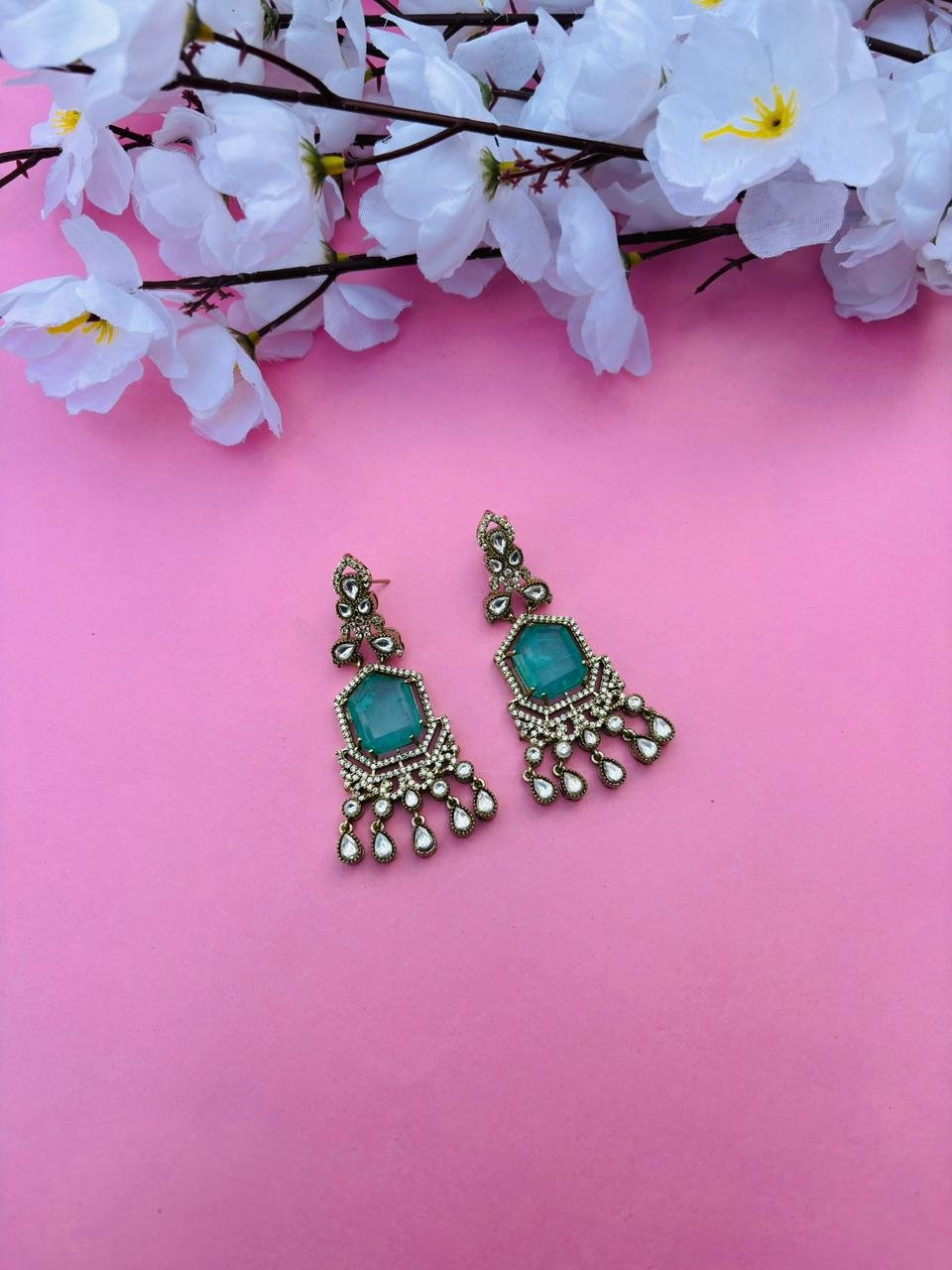 Gold Plated Green Stone Chandelier Earrings for Women, Wedding Wear - Image 2