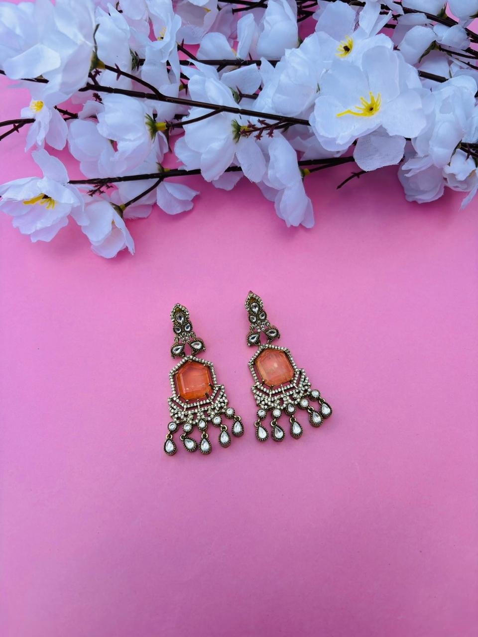 Gold Plated Orange Stone Chandelier Earrings for Women, Wedding Wear - Image 2