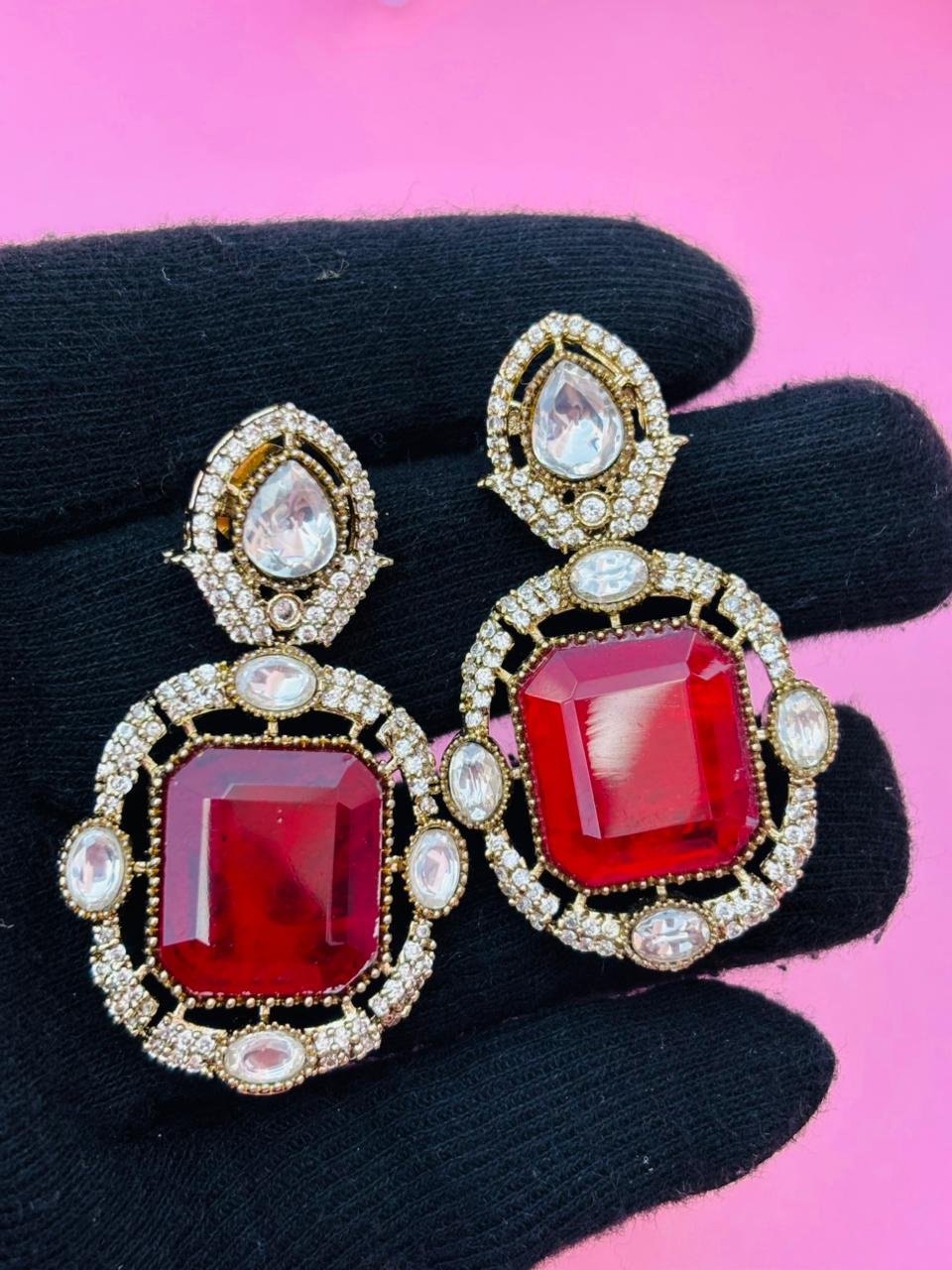 Gold Plated Red Stone Studded Drop Earrings - Image 5