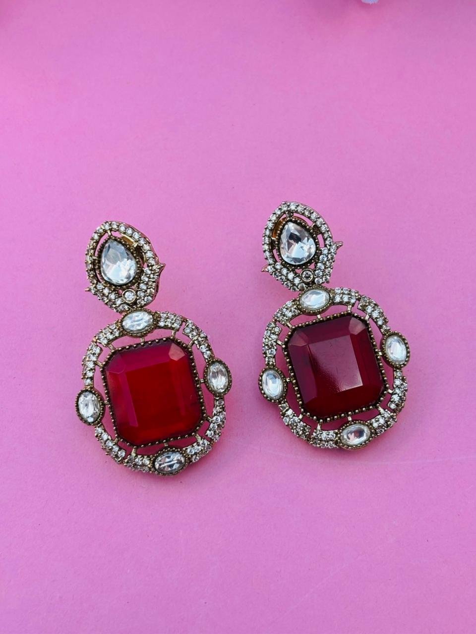 Gold Plated Red Stone Studded Drop Earrings - Image 4