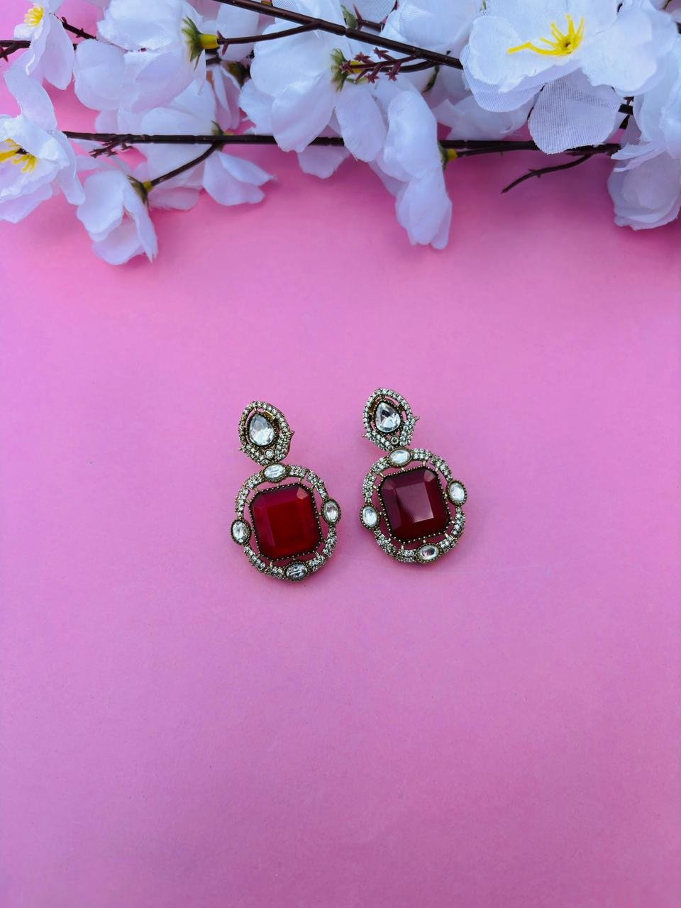 Gold Plated Red Stone Studded Drop Earrings - Image 2