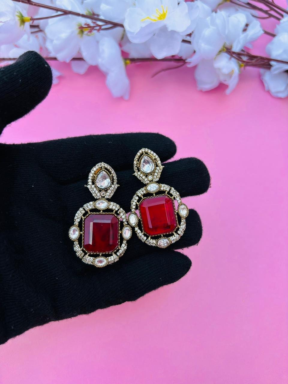 Gold Plated Red Stone Studded Drop Earrings - Image 3