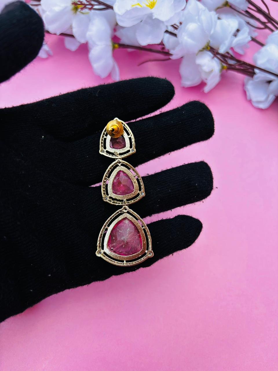 Hot Pink Trillion Cut Stone Tiered Drop Earrings - Image 6